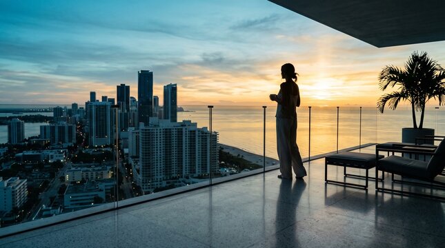 Woman Standing on High-Rise Balcony Overlooking City at Sunset
