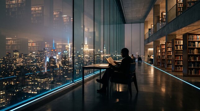 Person Reading in High-Rise Library Overlooking City Skyline at Night