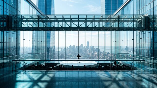 Businessman Presenting on Stage in High-Rise Conference Room