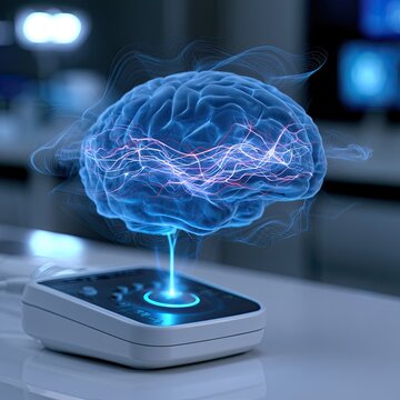 Futuristic brain hologram above medical table with ultrasound device highlighting neural pathways and synapse connections.