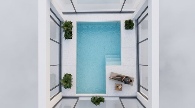 Aerial View of Residential Swimming Pool with Man Relaxing