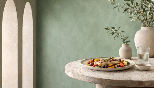 Fresh Mediterranean meal served on rustic table with olive branch decor