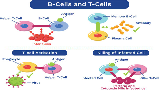 B Cell and T Cell Immune Response Diagram Showing Antigen Recognition, Antibody Production, T Cell Activation, and Adaptive Immune System for Biology Education