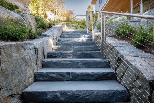 Stone Staircase Featuring Cable Railing in a Quiet Garden Setting