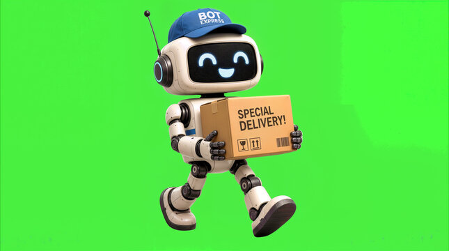 Friendly delivery robot carrying cardboard package on green screen background. Automated courier service concept for last-mile logistics.