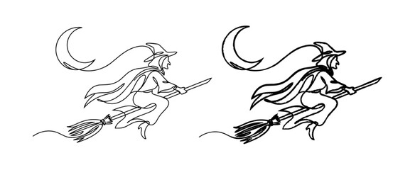 Obraz premium Minimalist continuous line drawing of a witch flying on a broomstick, Halloween silhouette vector art, mystical woman in pointed hat with crescent moon