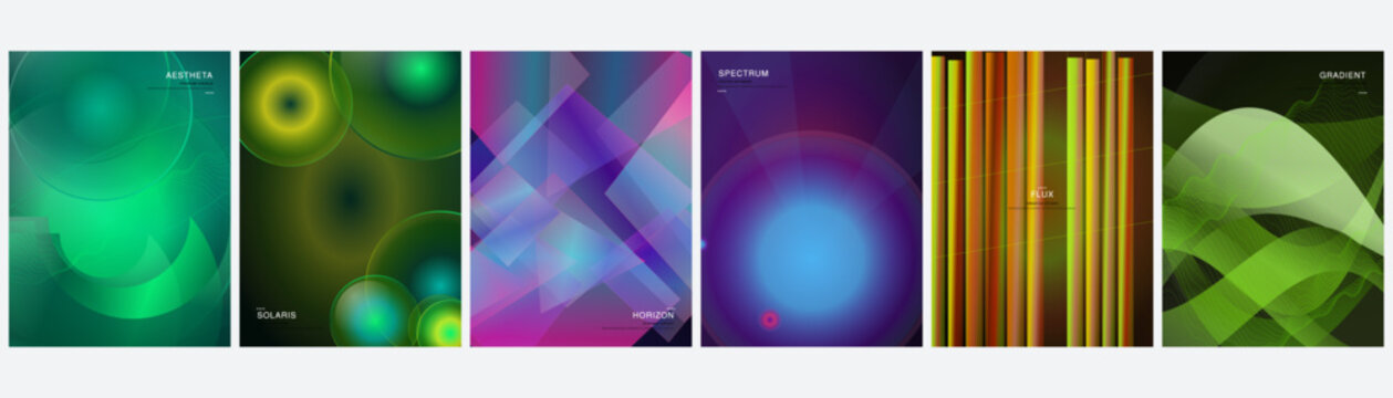Multicolor Aestheta and Solaris Abstract Poster Set with editable vector layouts featuring fluid waves, glowing circles, striped lines, and gradients for covers, flyers, branding, and social media