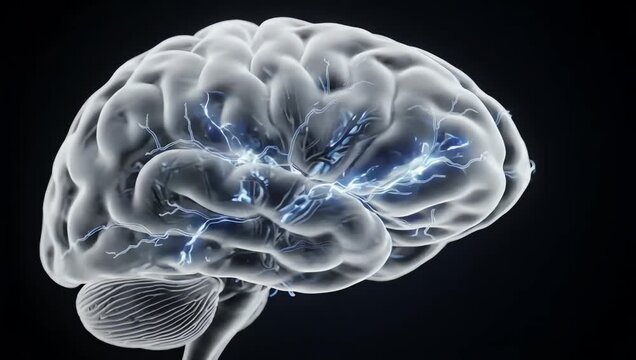 Semi-transparent brain tissue revealing an intricate internal neural network, subtle electrical impulses slowly traveling along interconnected neural pathways