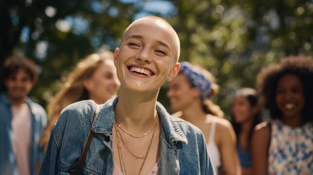 Sunlit park scene: diverse group of friends laughing together with a focal bald foreground subject