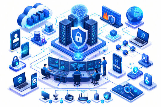 Modern isometric vector illustration of cybersecurity infrastructure