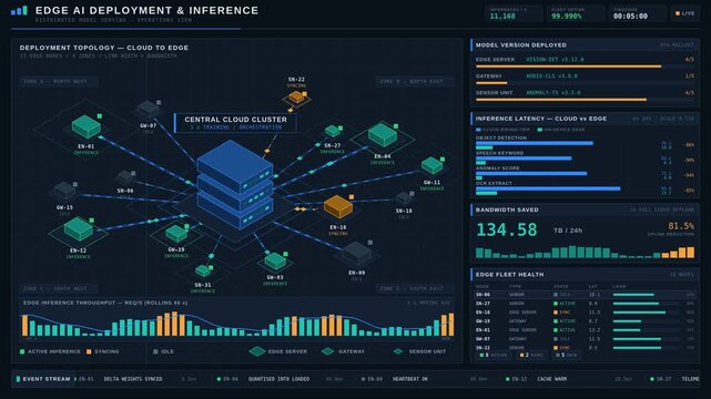 An abstract Edge AI deployment and inference dashboard visualizes network connections between a central cloud cluster and various edge devices on a dark slate background.