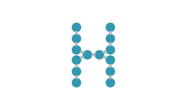 Modern geometric logo showing the capital letter H formed by connected turquoise spheres, resembling a chemical molecule.