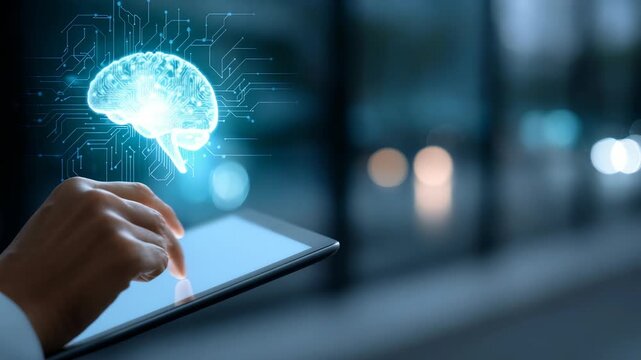 A person interacts with a digital tablet, visualizing a glowing artificial intelligence brain hologram above the device. Futuristic technology and innovation concept in a modern urban environment