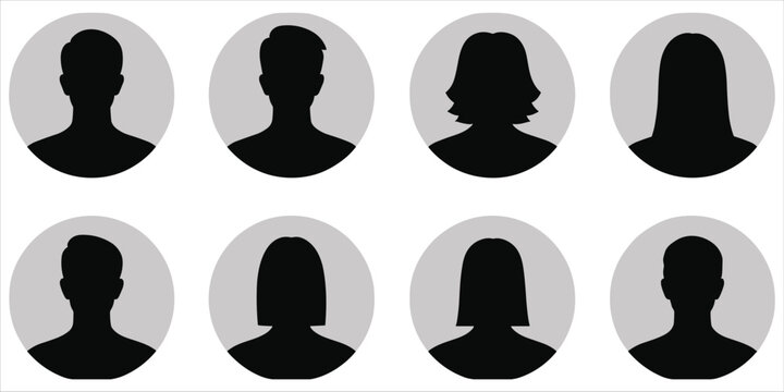 Set of Eight Black Silhouette Profile Avatars with Gray Circles on White Background Keywords: avatar, profile, silhouette, black