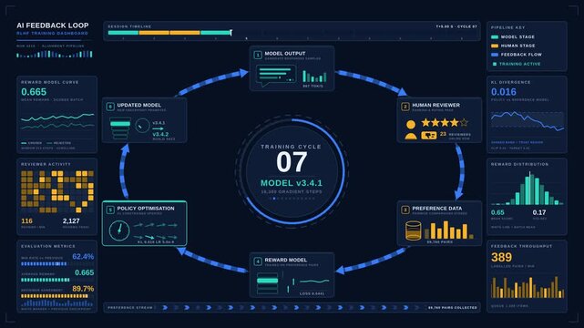 A dark navy background illustrates the Reinforcement Learning from Human Feedback cycle with a clean circular process diagram showing six labeled stages in a workflow layout.