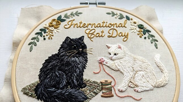 Hand-embroidered black and white cats celebrate International Cat Day on linen; artisanal needlework featuring floral accents and thread spool in a wooden hoop.