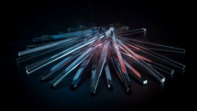 Abstract composition of glowing glass rods arranged in a radial pattern