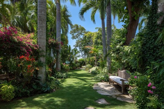 Sunny tropical yard with coconut palms, manicured lawn, and flowering shrubs