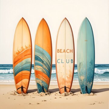 Colorful Surfboards Standing Upright on Sandy Beach