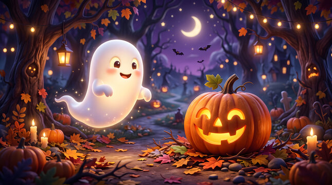 Cute ghost with a jack-o'-lantern in a forest. Halloween spirit in a magical autumn woods.