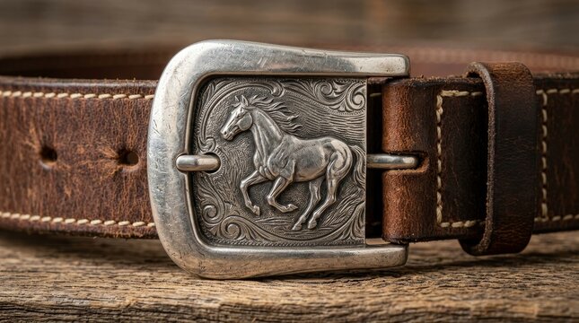 This close up shows a leather belt buckle featuring a running horse.