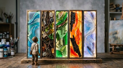 Obraz premium Handcrafted elemental light sculpture with child figurine in artist studio. Backlit mixed media panels symbolize water, earth, nature, fire, and air through organic textures.