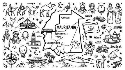 Fototapeta premium Mauritania Travel Doodle Illustration. Hand Drawn Cultural Heritage Sketch with Desert Icons