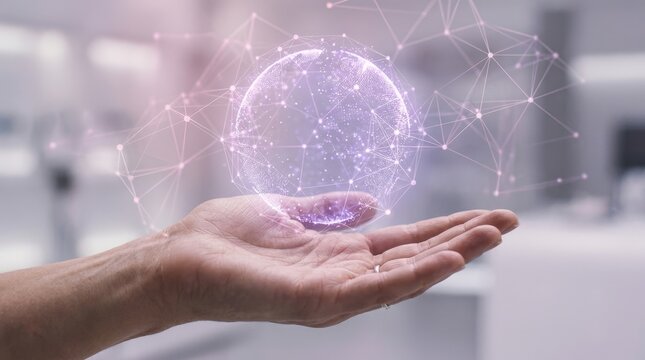 A hand holds a glowing holographic sphere with connected nodes, symbolizing technology.