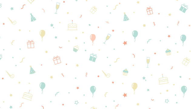 Sweet pastel seamless pattern of birthday celebration icons including presents, balloons, cakes, and champagne on white.