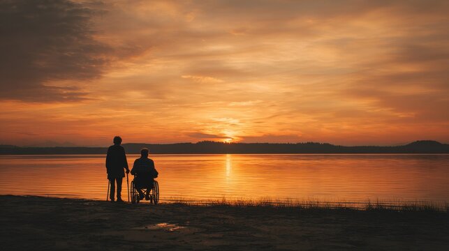 Sunset silhouettes: two adults holding hands, one with a mobility aid, symbol of inclusion