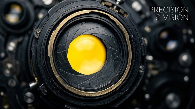 Camera lens aperture blades revealing a yellow optic, "PRECISION & VISION" text, macro technical photography gear, industrial optics detail, professional mechanical hardware.