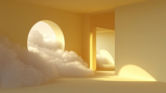 Surreal minimal interior scene in yellow tones, tunnel opening releasing fluffy clouds