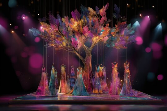 Surreal drag tree installation with branches adorned in wearable art leaves