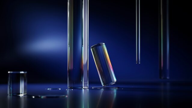 Abstract 3d rendering of glass cylinders with iridescent light reflections