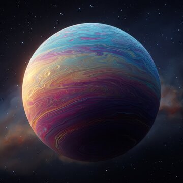 Surreal space illustration of a multi-hued exoplanet orbiting a silent cosmos