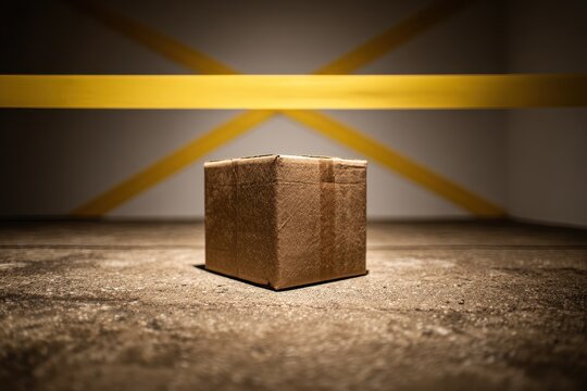 Suspicious Parcel Concept: Cardboard Box Behind a Caution Tape Cross in an Industrial Setting