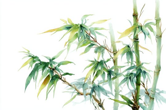 Swaying bamboo stalks in soft wash watercolor, serene east asian-inspired art conveying resilience and joy on white canvas
