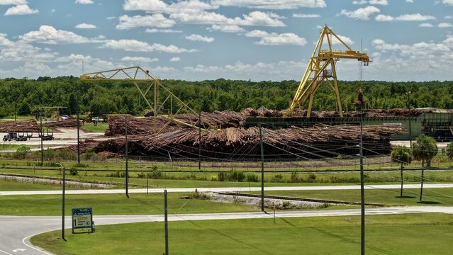 Aerial view of Georgia-Pacific Palatka Operations featuring large piles of timber logs, industrial cranes, and surrounding green landscape in Palatka, Florida, United States.