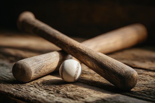 Symmetrical Crossed Bats and Baseball on Dark Wood &acirc;&euro;&ldquo; Studio Style Sports Photograph