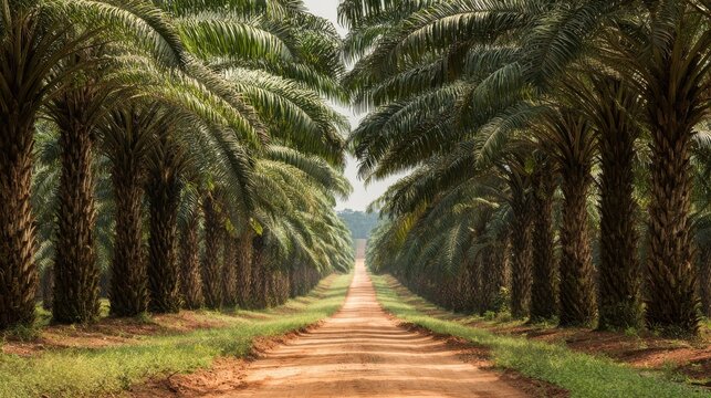 Symmetrical oil palm grove with a central dirt road through farmland