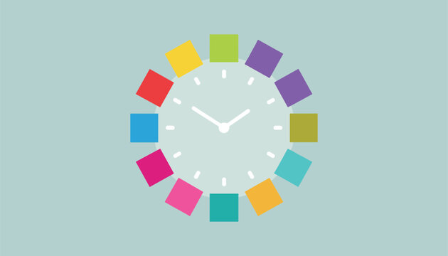 Creative clock face design with twelve colorful squares of sticky notes replacing the numbers on a blue grey background.