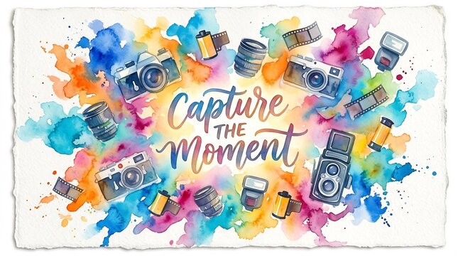 Capture the Moment watercolor calligraphy with vintage cameras, film canisters, and lenses over vibrant paint splashes. Artistic celebration of photography and creative hobbies.