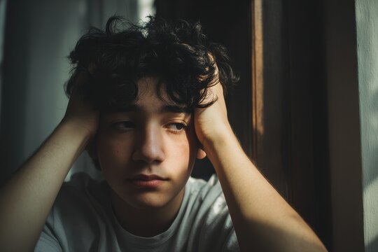 Teenage boy in distress seated, conveying anxiety and mental health awareness