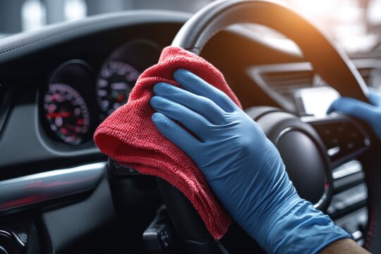 Technician in blue gloves wiping a car dashboard with a red microfiber cloth for interior cleaning and care