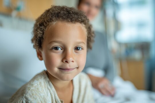 Tender hospital portrait of a child patient with family support during cancer treatment
