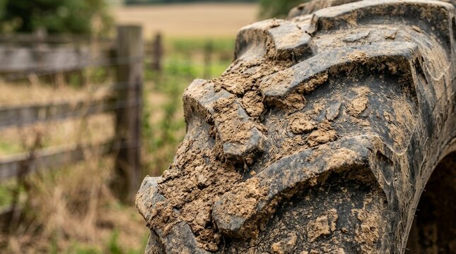 This close up shows a muddy tire on an outdoor vehicle.
