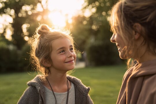 Tender park moment: smiling child looks up at her mother in warm sunlight