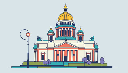 Obraz premium Detailed flat architectural illustration of Saint Isaacs Cathedral with a golden dome and a classic street lamp.