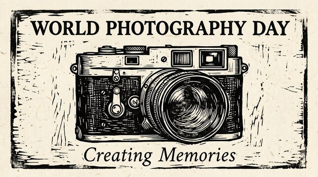 Vintage camera linocut for World Photography Day, retro rangefinder woodblock design with Creating Memories text, nostalgic analog photography celebration poster, monochrome art.
