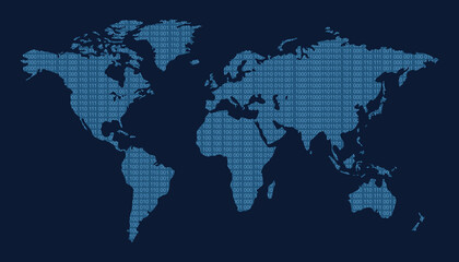 Obraz premium Digital World Map with Binary Code Background, Global Data Technology and Cybersecurity Concept